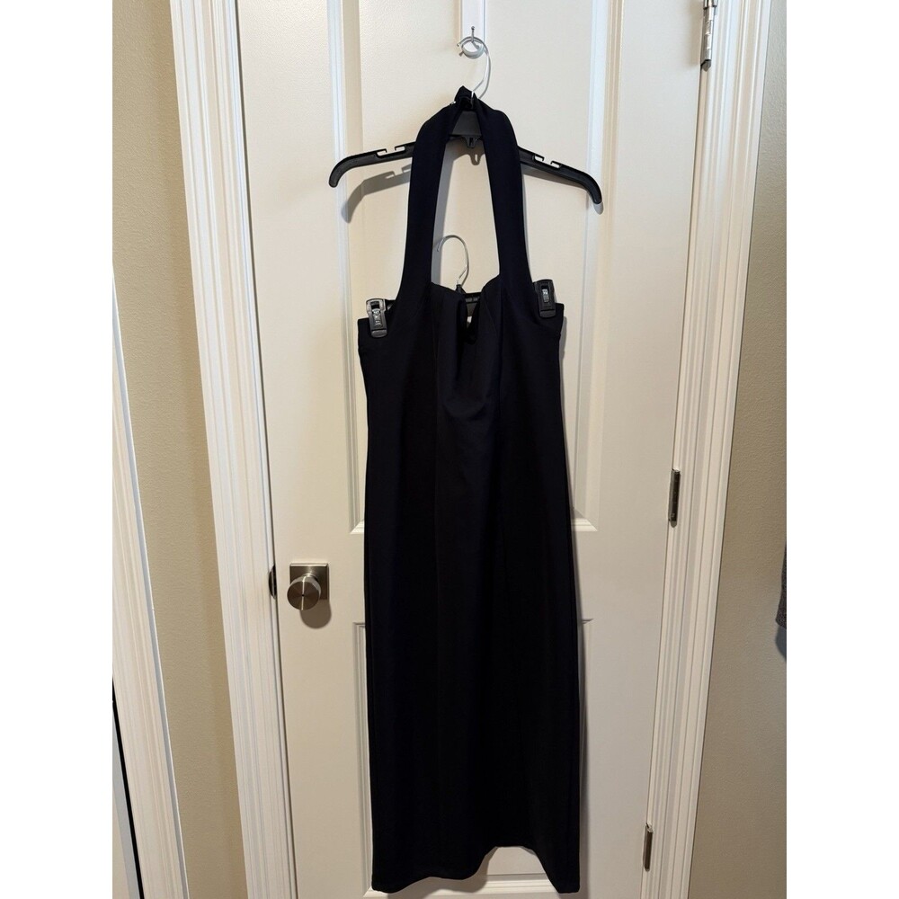 Reformation Black Square Neck Halter Midi Dress Large Modal Stretch Back Slit